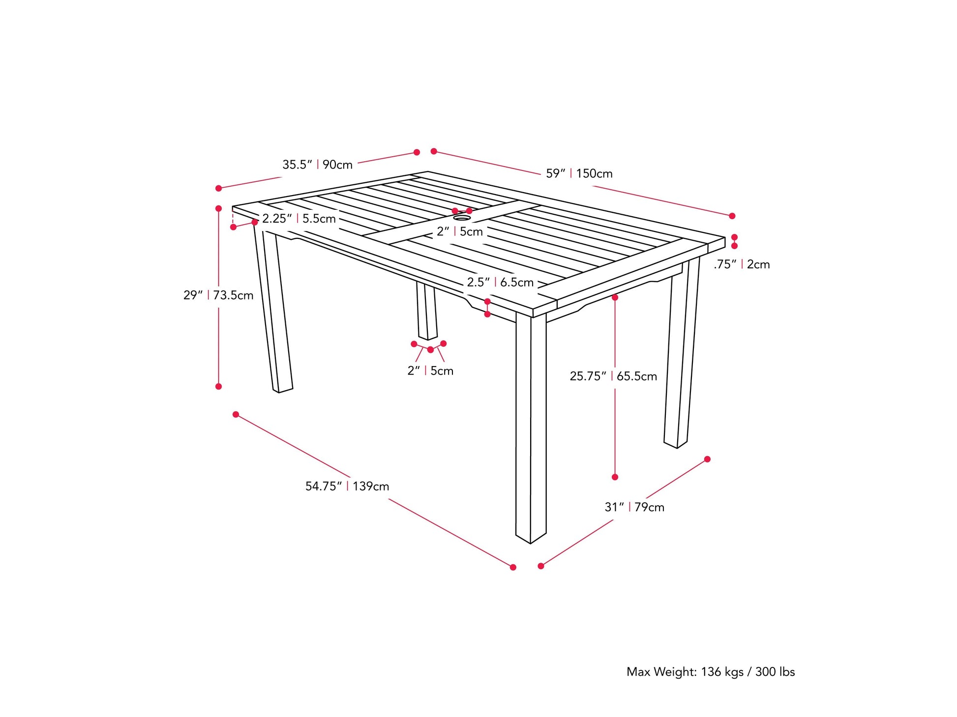 brown Outdoor Wood Dining Table Miramar Collection measurements diagram by CorLiving#color_miramar-brown