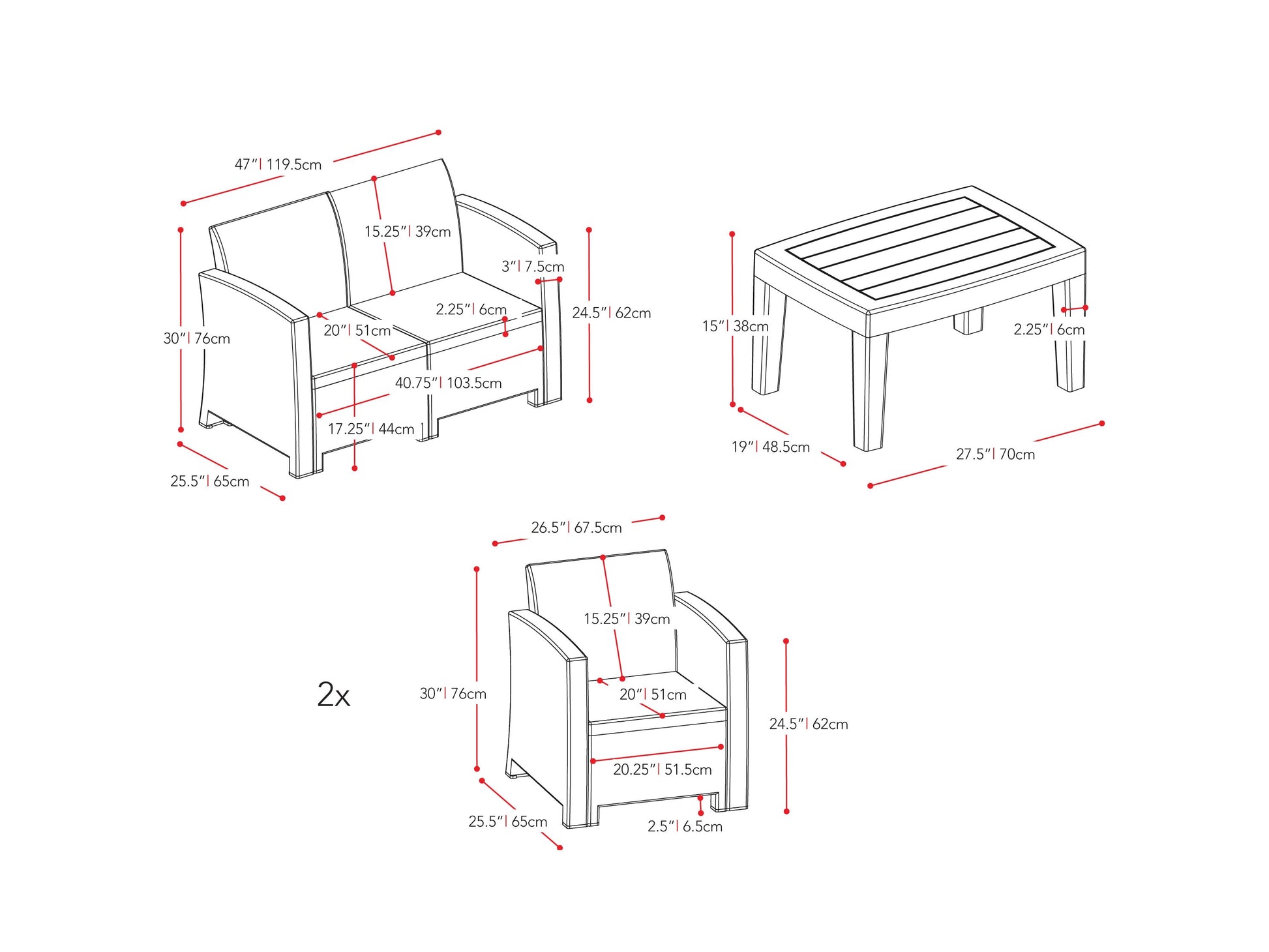 black and beige weave Outdoor Conversation Set, 4pc Adelaide Collection measurements diagram by CorLiving#color_black-and-beige-weave