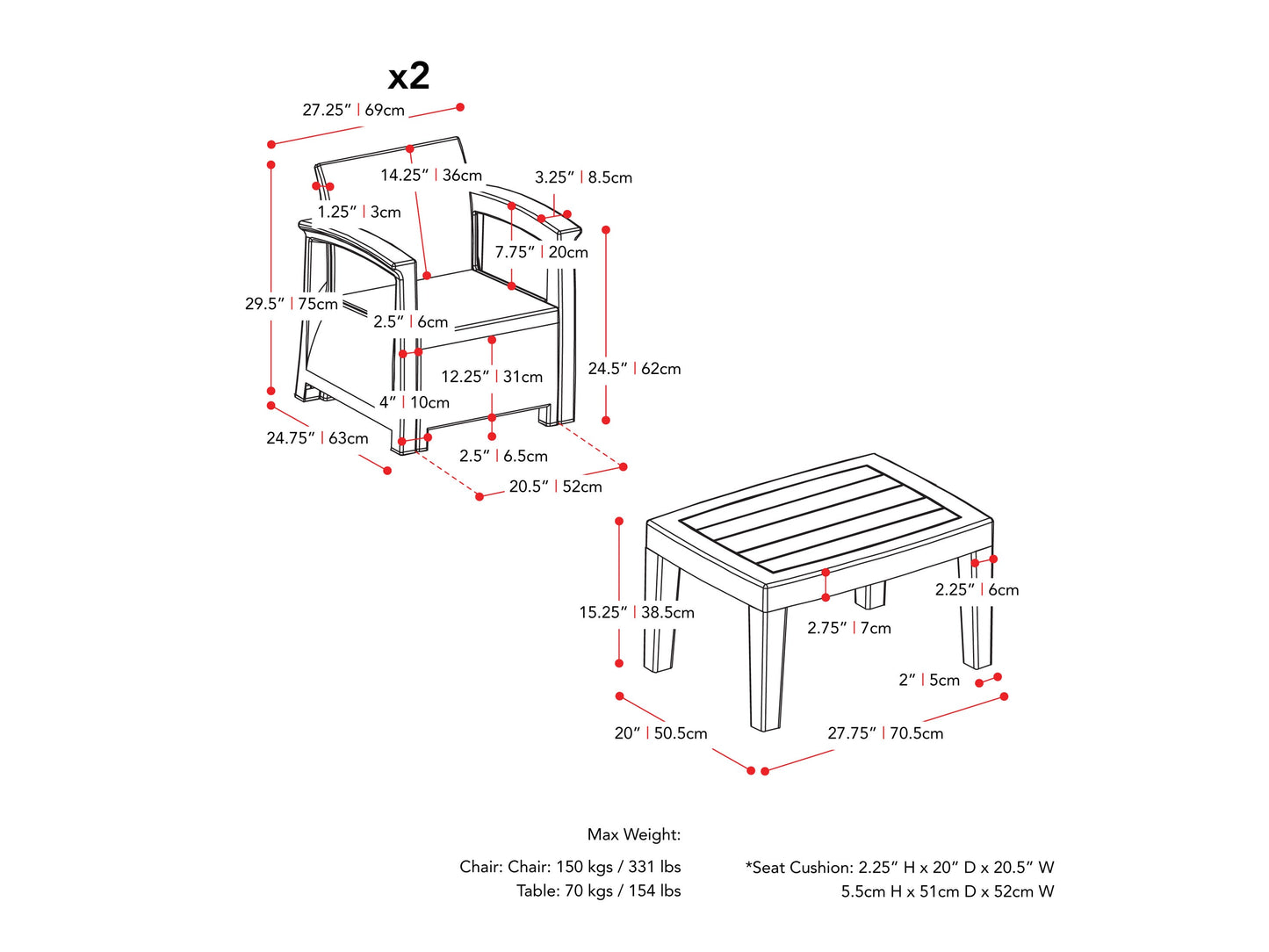 black and grey 3pc Patio Set Lake Front Collection measurements diagram by CorLiving#color_black-and-grey