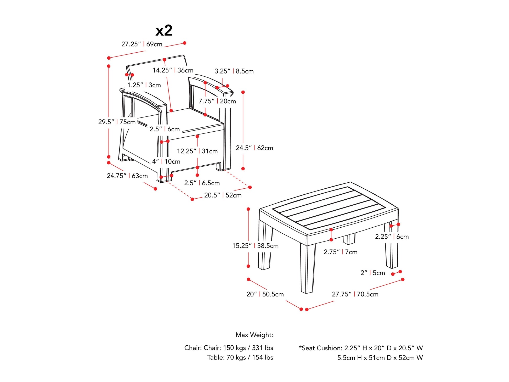 black and grey 3pc Patio Set Lake Front Collection measurements diagram by CorLiving#color_black-and-grey