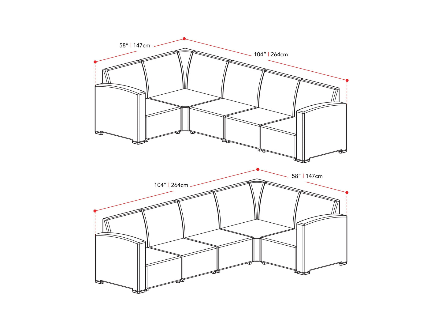 black Outdoor Wicker Sectional Set, 6pc Lake Front Collection measurements diagram by CorLiving#color_black