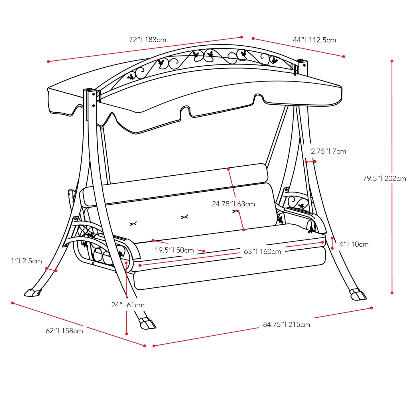 navy blue Patio Swing With Canopy Nantucket Collection measurements diagram by CorLiving#color_navy-blue