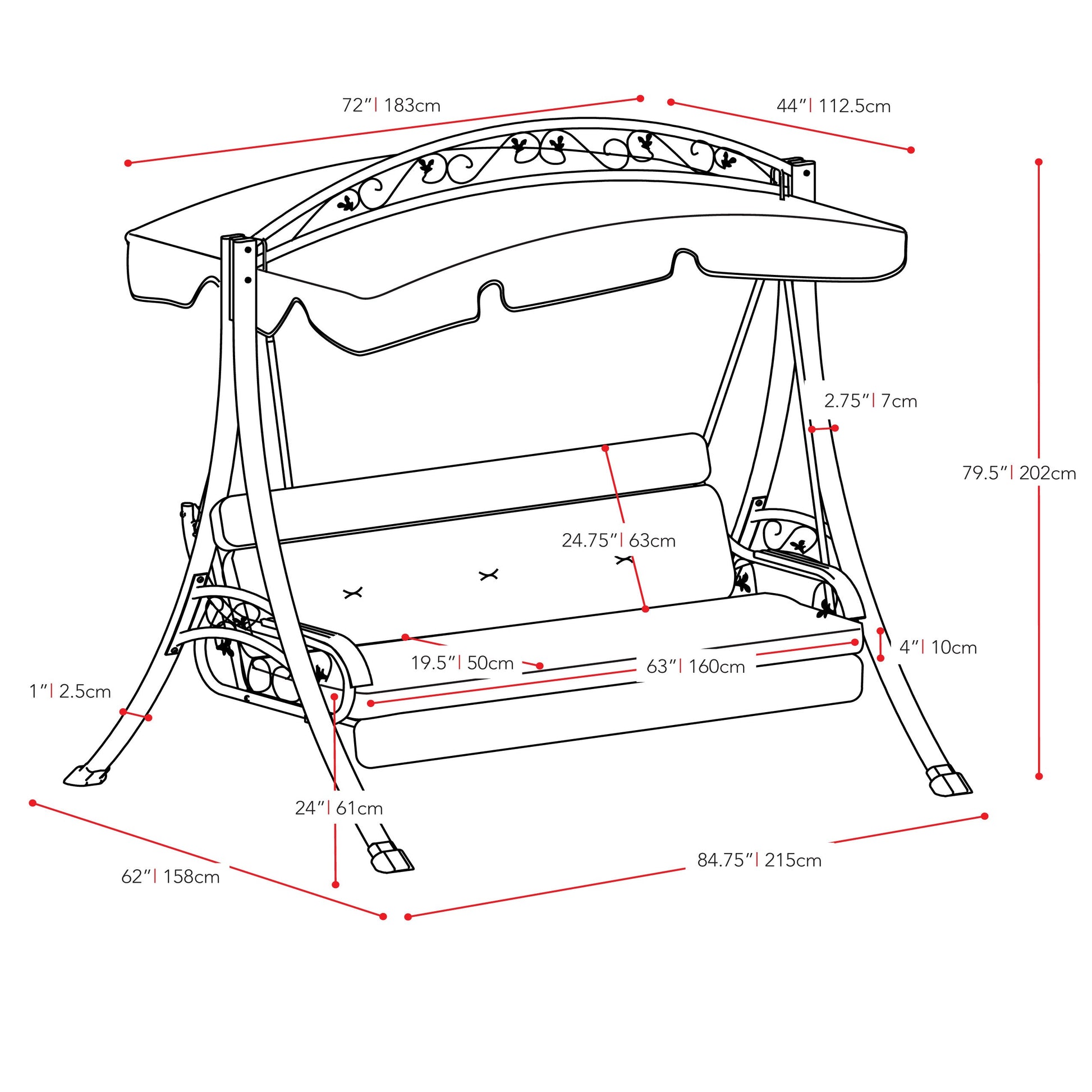 navy blue Patio Swing With Canopy Nantucket Collection measurements diagram by CorLiving#color_navy-blue