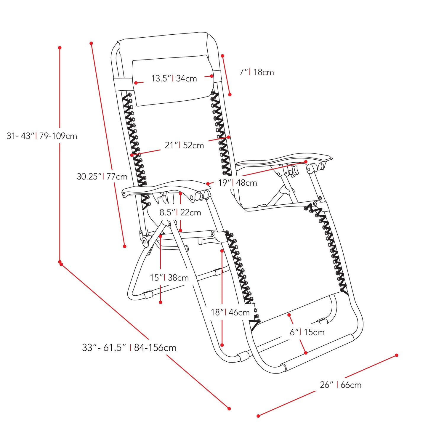 black Folding Lounge Chair Riverside Collection measurements diagram by CorLiving#color_black