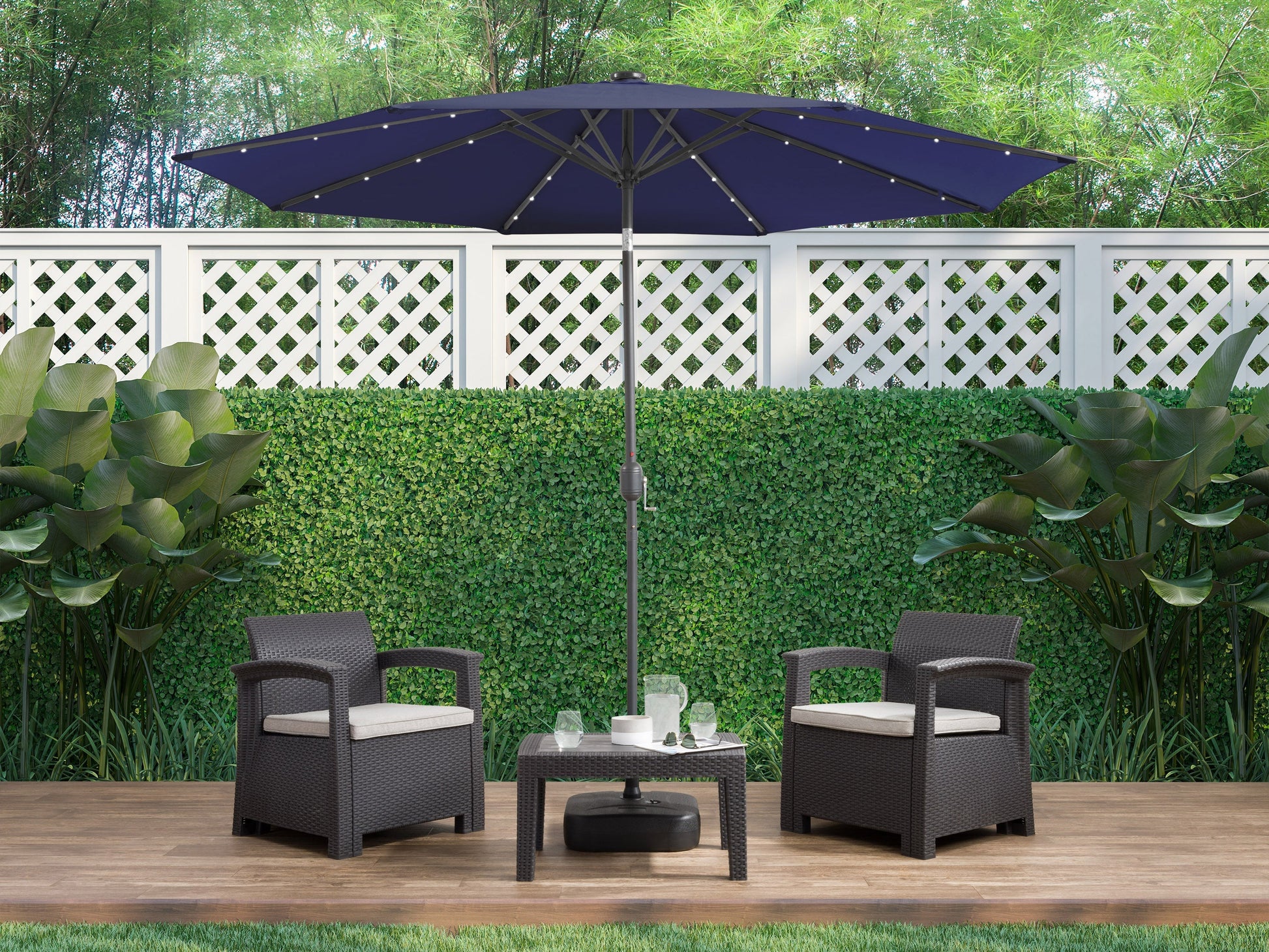 navy blue led umbrella, tilting Skylight Collection lifestyle scene CorLiving#color_navy-blue