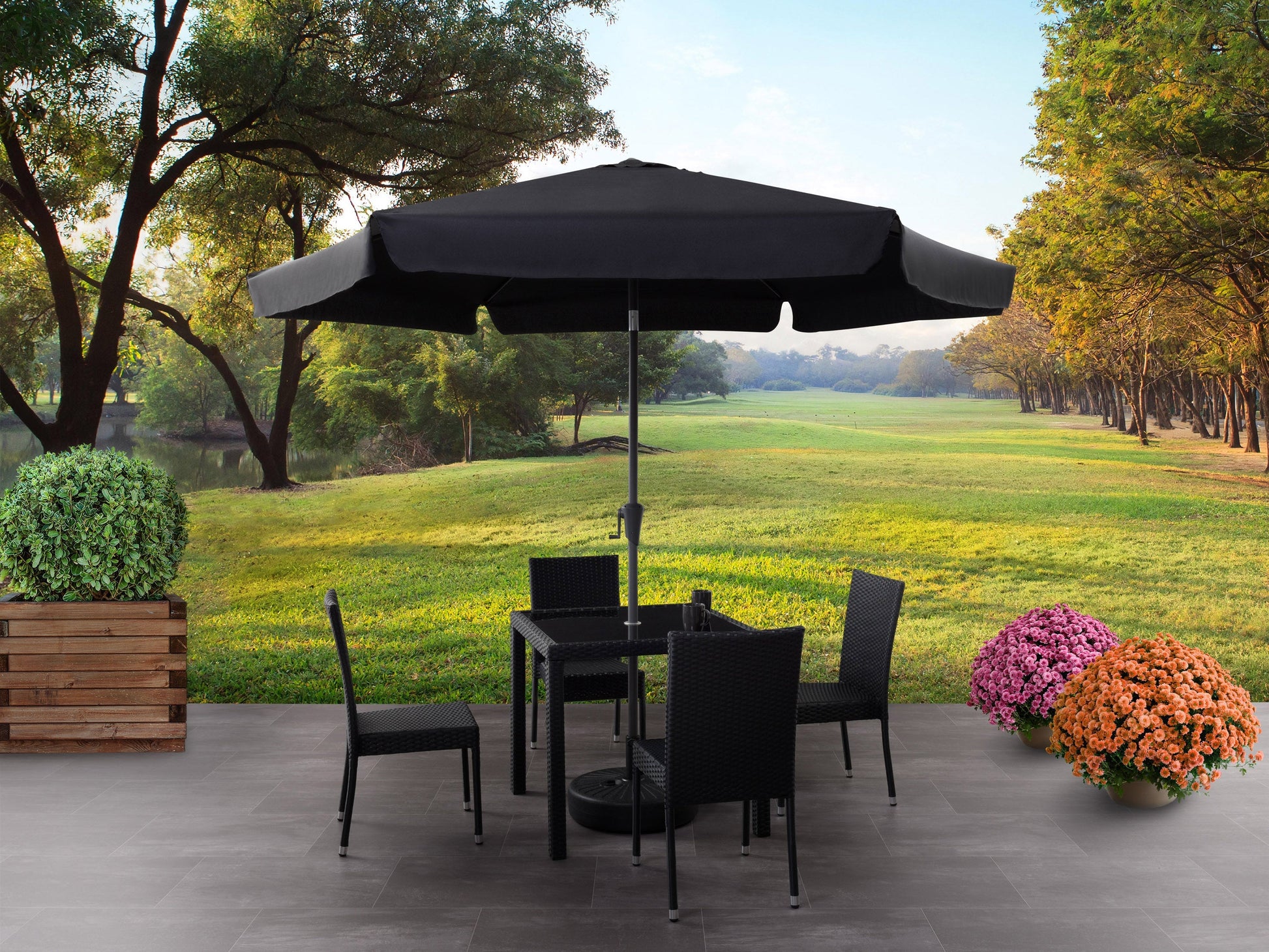 black 10ft patio umbrella, round tilting 200 Series lifestyle scene CorLiving#color_black