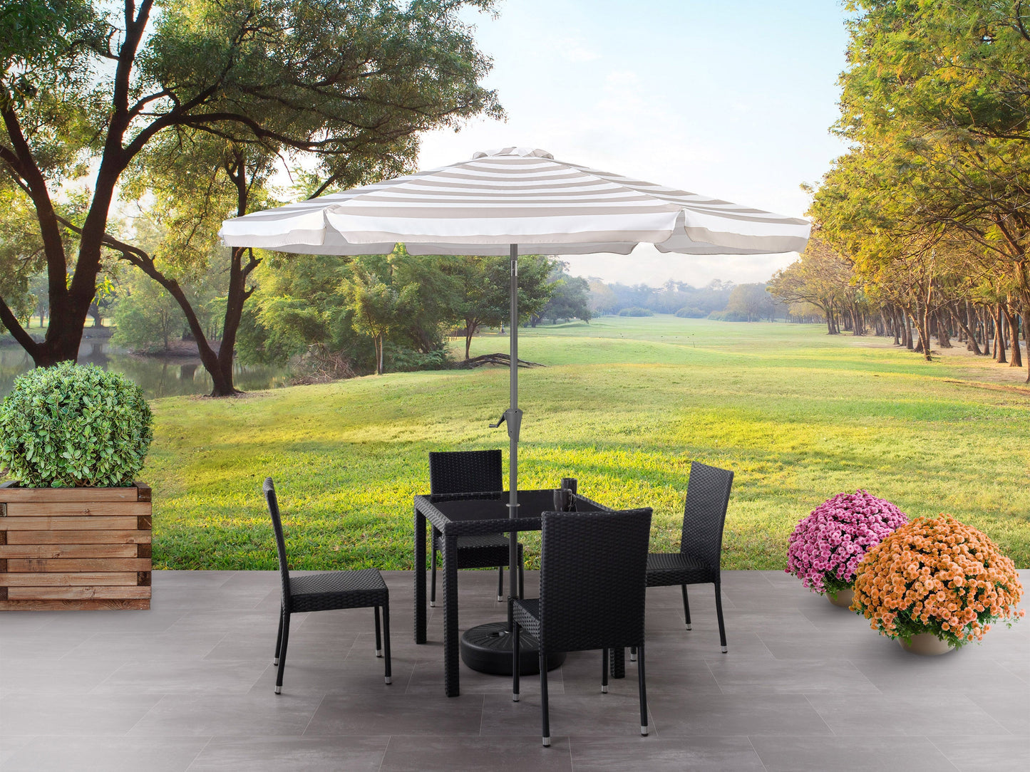 taupe and white 10ft patio umbrella, round tilting 200 Series lifestyle scene CorLiving#color_taupe-and-white