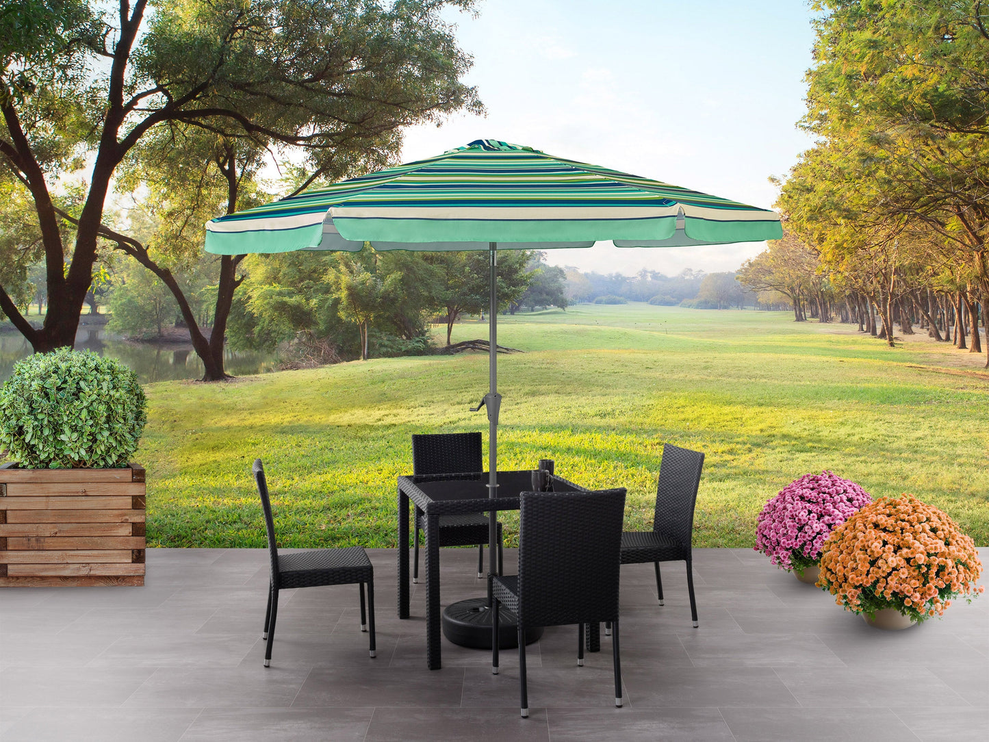 green and white 10ft patio umbrella, round tilting 200 Series lifestyle scene CorLiving#color_green-and-white