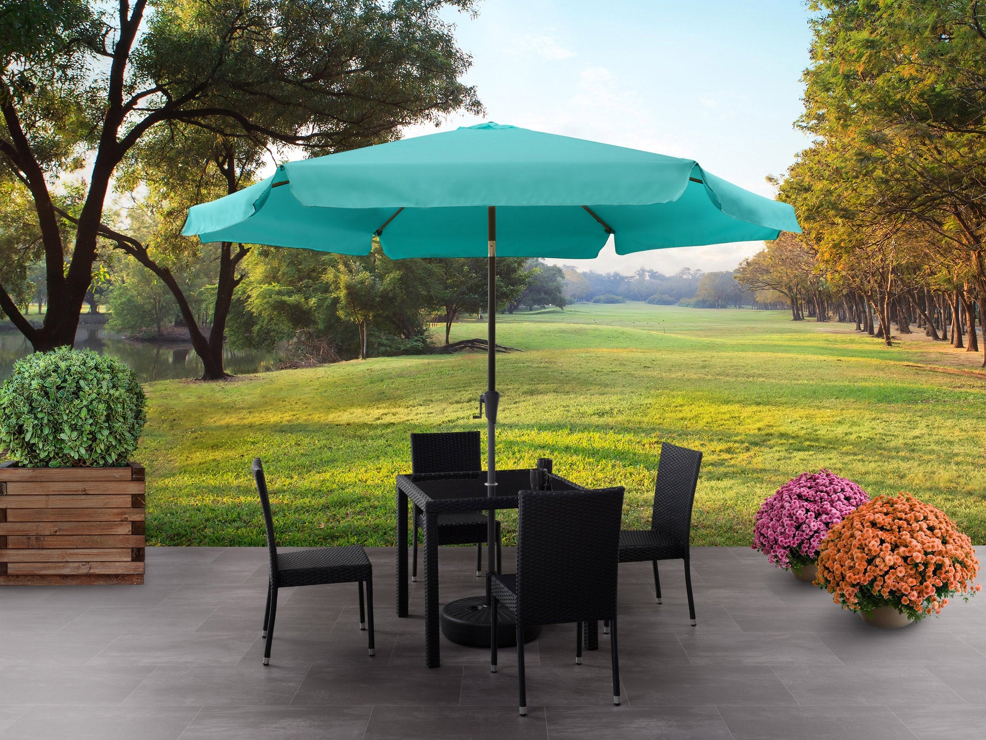 turquoise blue 10ft patio umbrella, round tilting 200 Series lifestyle scene CorLiving#color_turquoise-blue