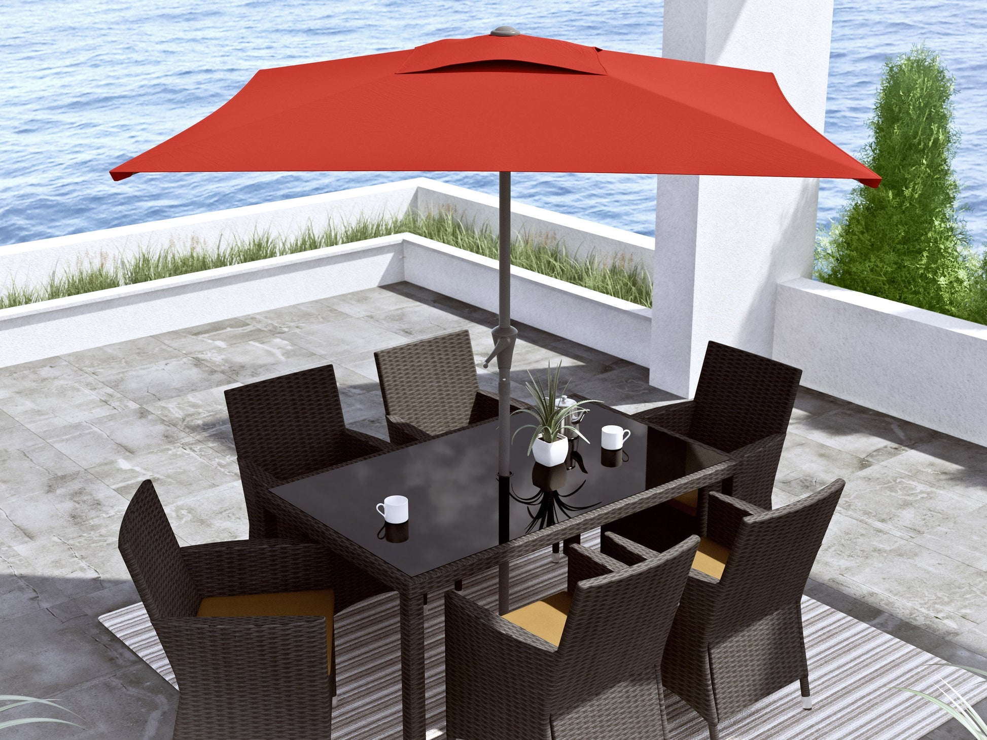 crimson red square patio umbrella, tilting 300 Series lifestyle scene CorLiving#color_crimson-red