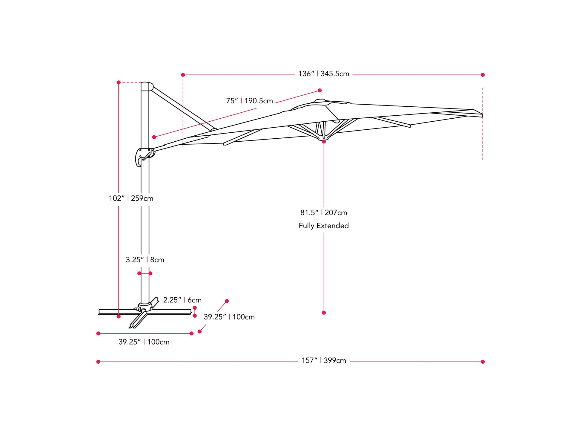 orange deluxe offset patio umbrella 500 Series measurements diagram CorLiving#color_orange