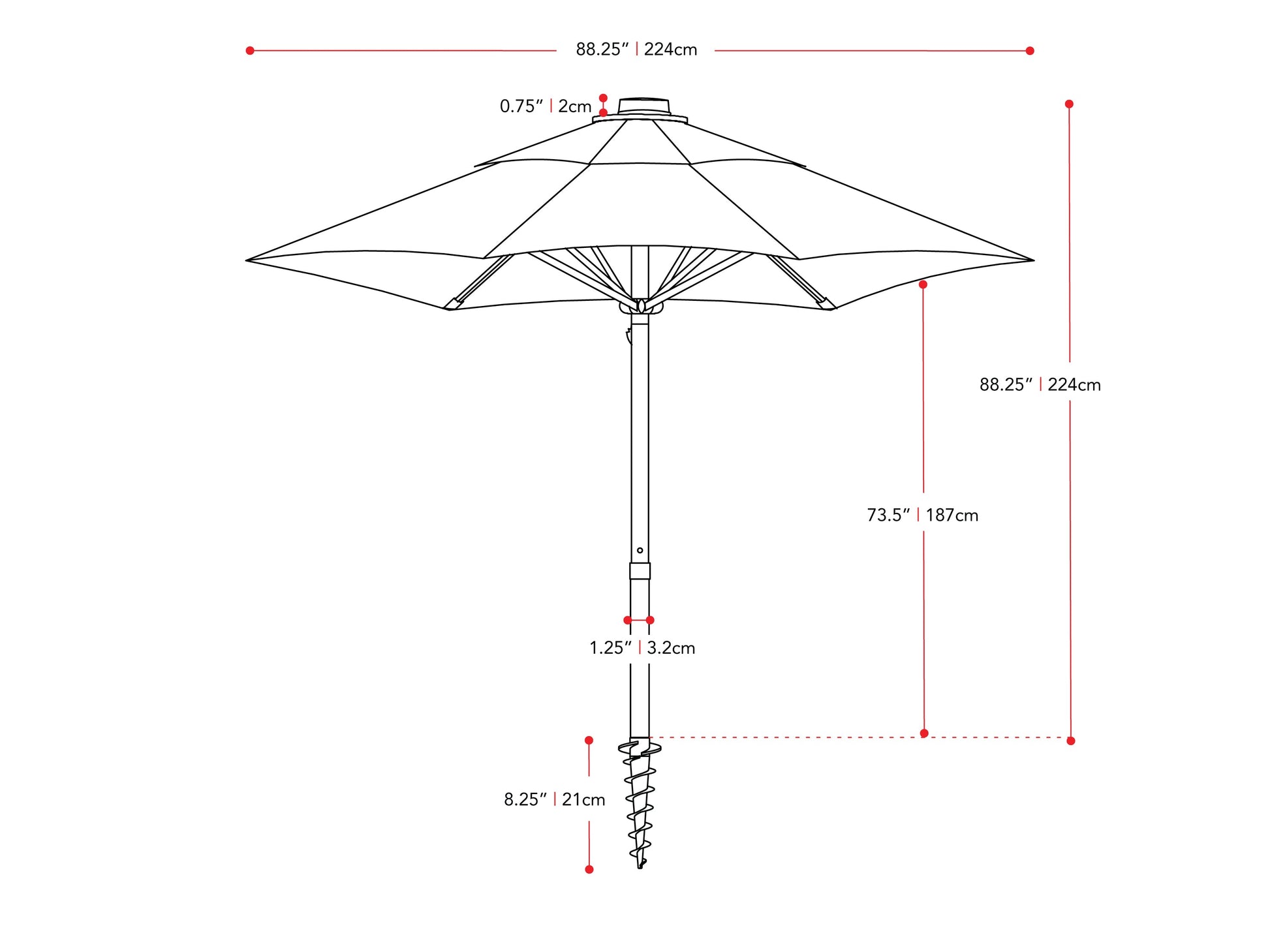 yellow beach umbrella 600 Series measurements diagram CorLiving#color_yellow