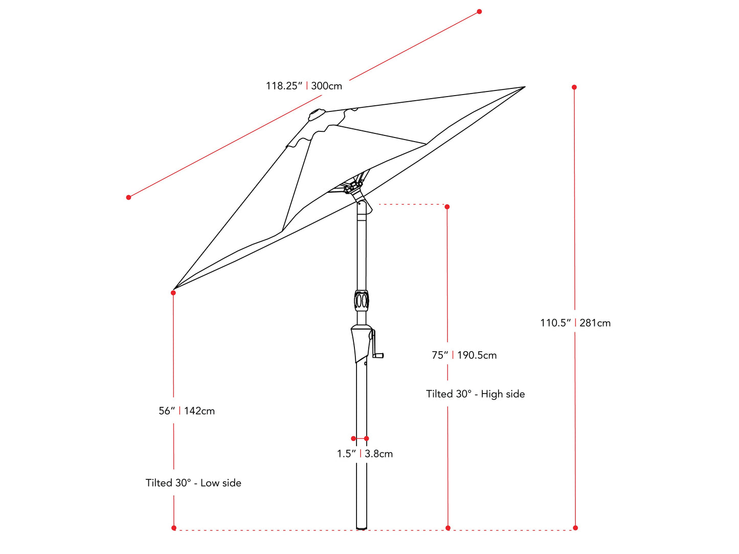 lime green large patio umbrella, tilting 700 Series measurements diagram CorLiving#color_lime-green