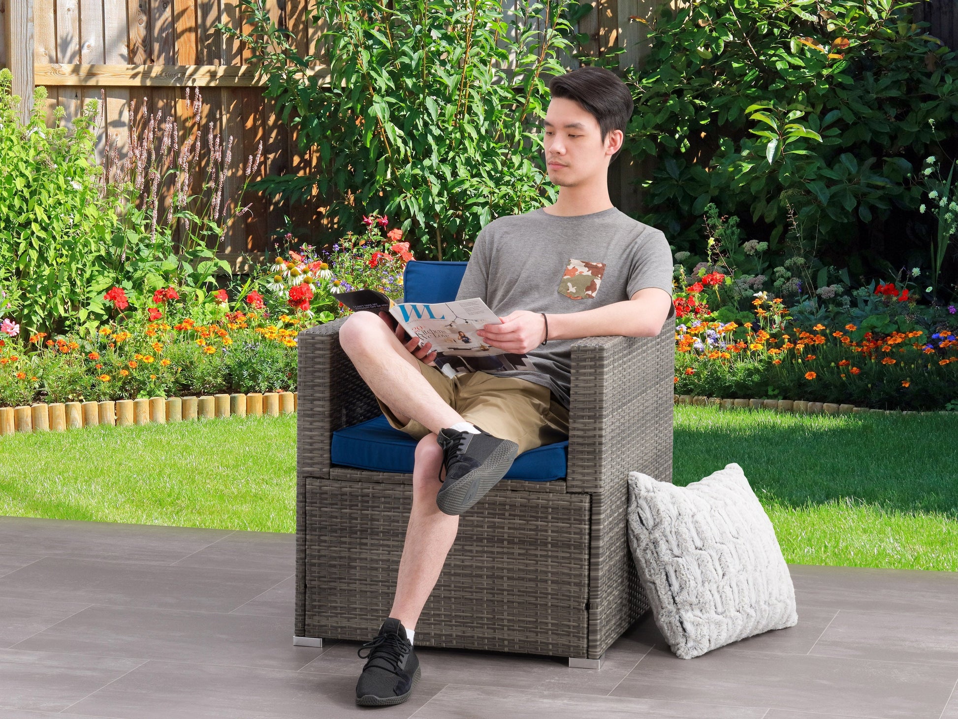 blended grey and oxford blue Wicker Armchair Parksville Collection lifestyle scene by CorLiving#color_blended-grey-and-oxford-blue