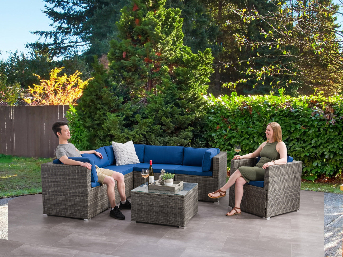 blended grey and oxford blue Outdoor Sectional Set, 7pc Parksville Collection lifestyle scene by CorLiving#color_blended-grey-and-oxford-blue