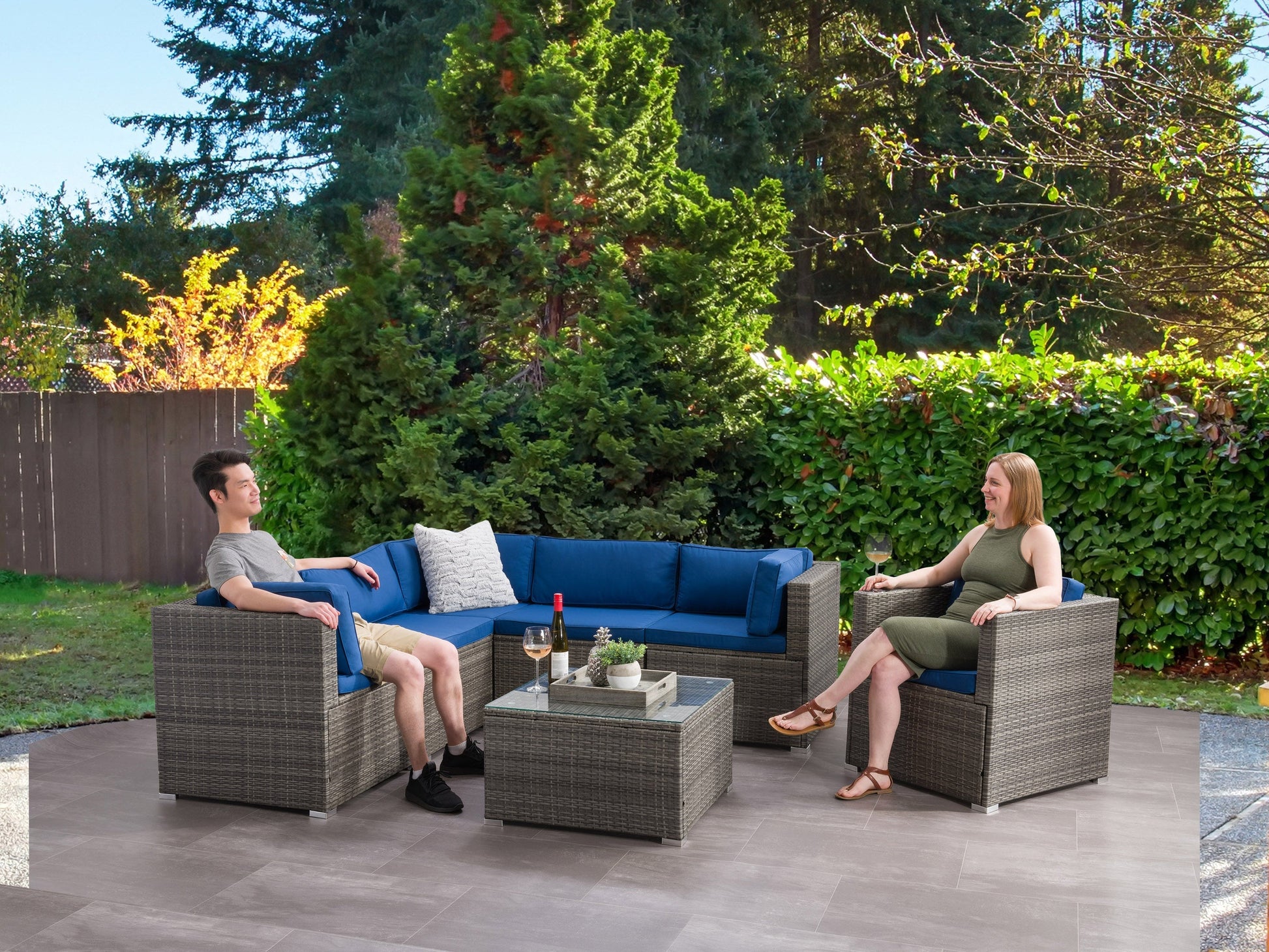 blended grey and oxford blue Outdoor Sectional Set, 7pc Parksville Collection lifestyle scene by CorLiving#color_blended-grey-and-oxford-blue