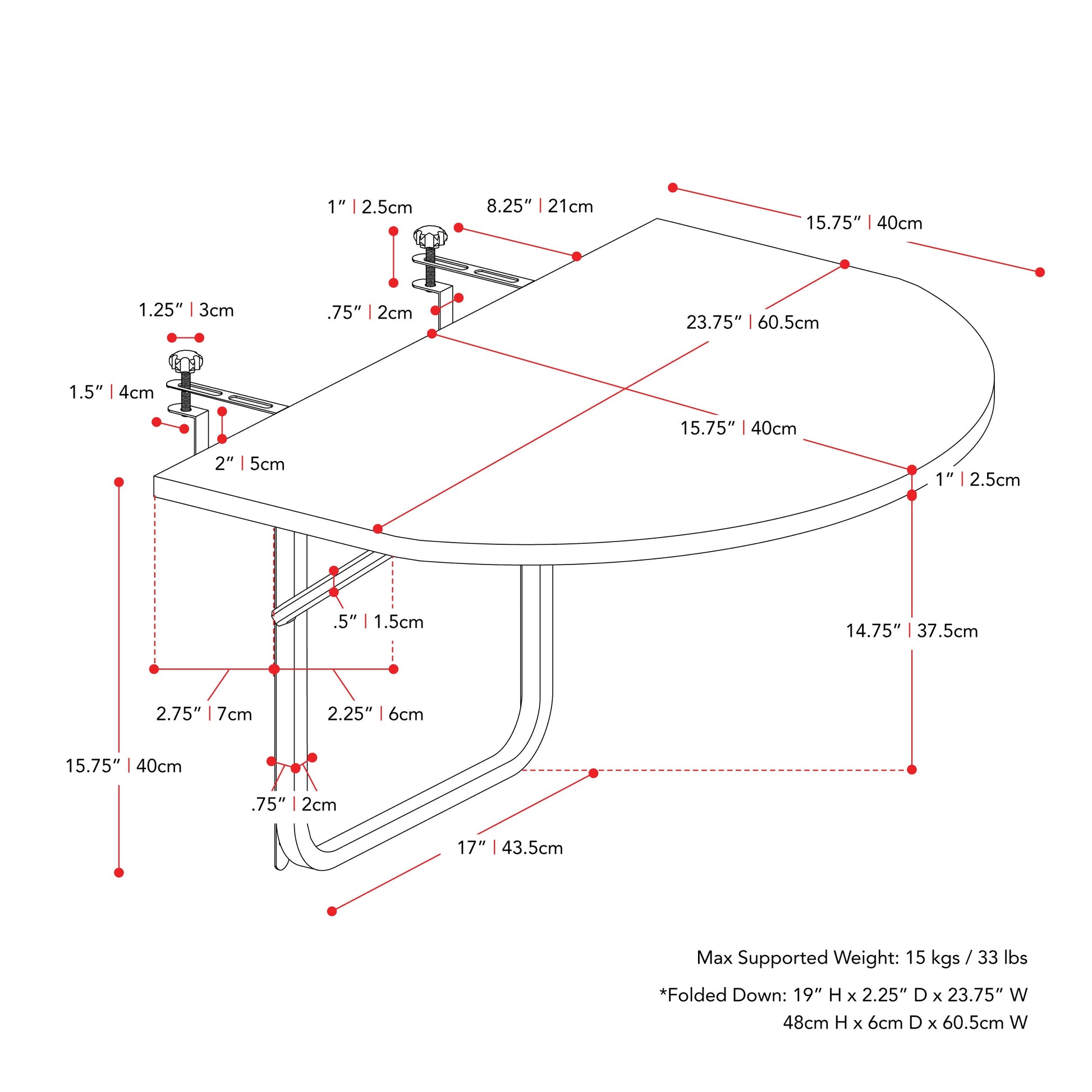 black weave Balcony Railing Table Parksville Collection measurements diagram by CorLiving#color_textured-black-weave