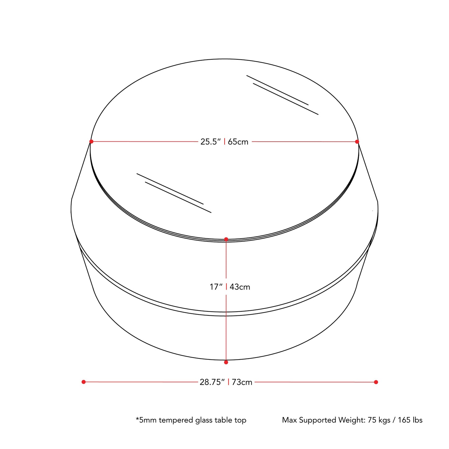black weave Round Wicker Coffee Table Parksville Collection measurements diagram by CorLiving#color_textured-black-weave