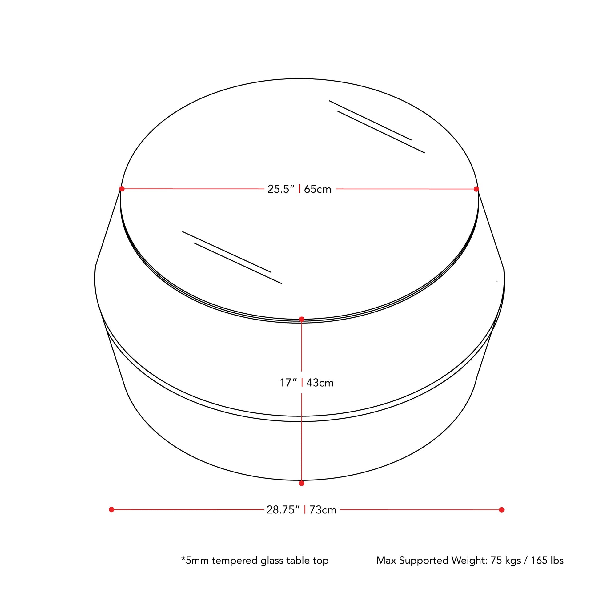 black weave Round Wicker Coffee Table Parksville Collection measurements diagram by CorLiving#color_textured-black-weave