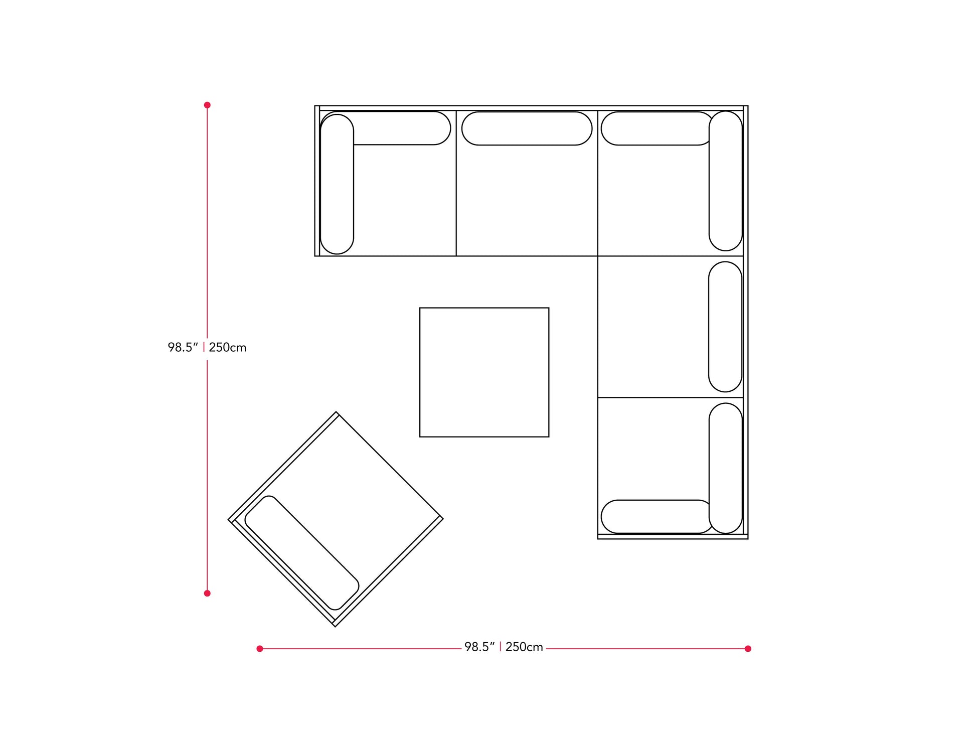 blended grey and oxford blue L Shaped Outdoor Sectional, 7pc Parksville Collection measurements diagram by CorLiving#color_blended-grey-and-oxford-blue