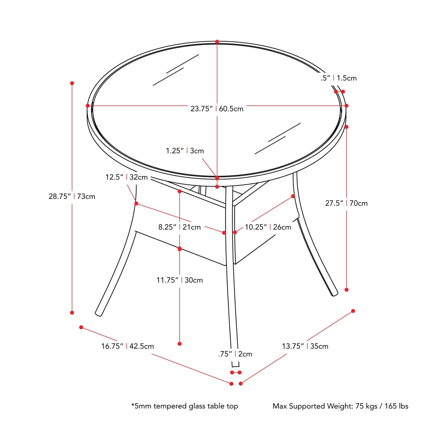 black weave Bistro Table Parksville Collection measurements diagram by CorLiving#color_textured-black-weave
