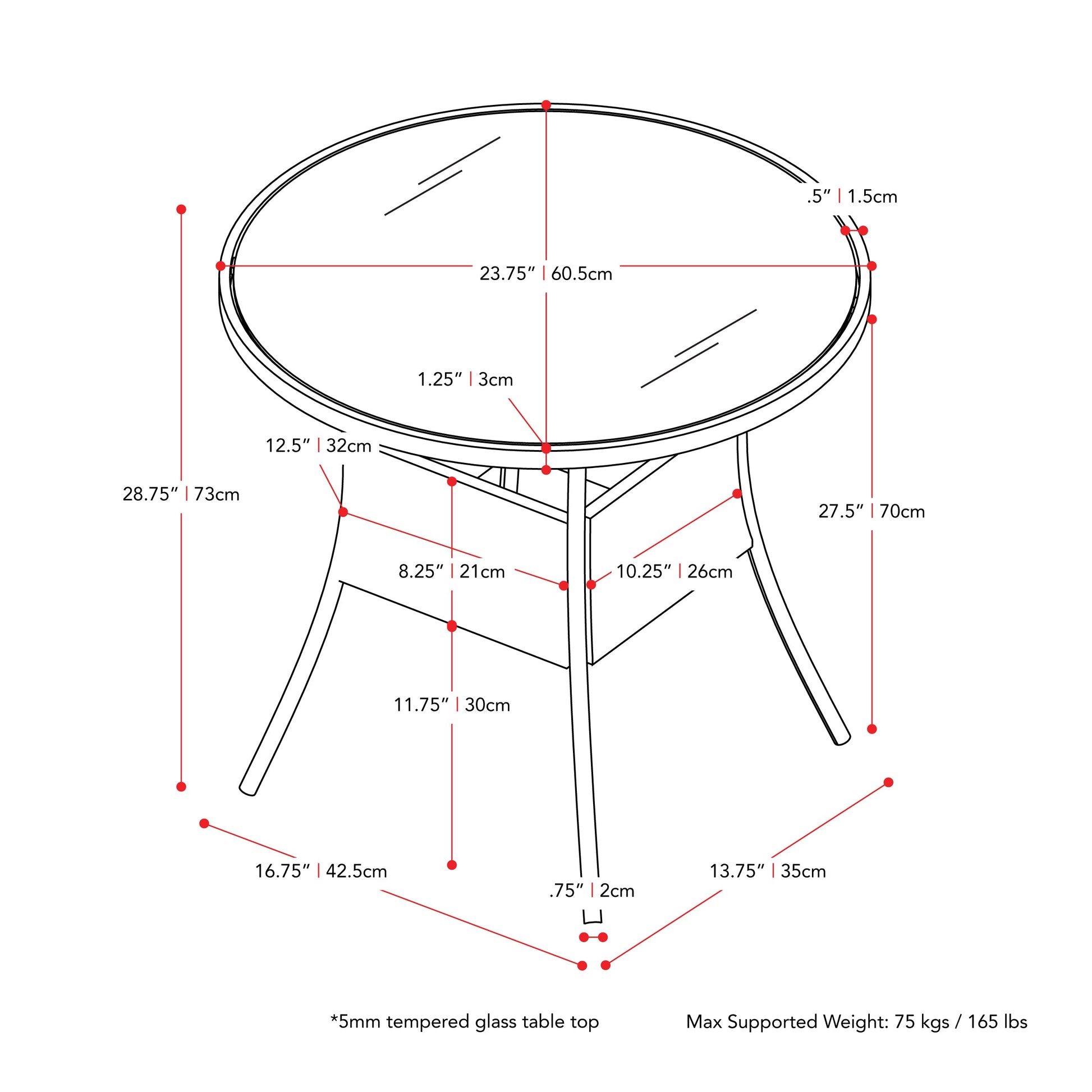 black weave Bistro Table Parksville Collection measurements diagram by CorLiving#color_textured-black-weave