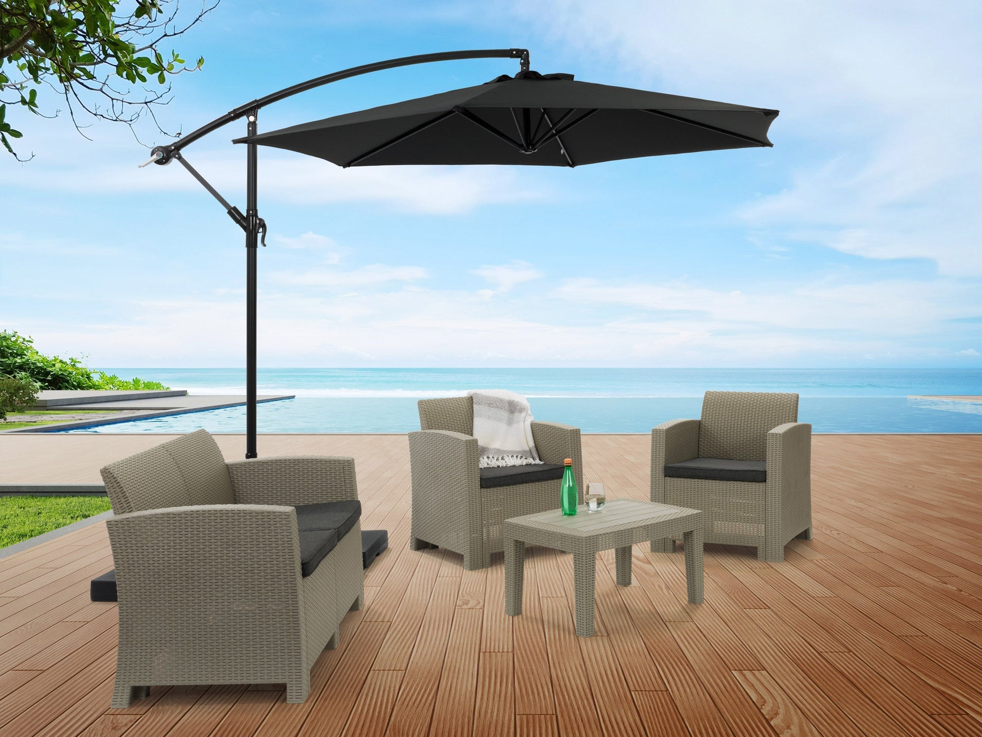 black cantilever patio umbrella, tilting Persist Collection lifestyle scene CorLiving#color_black
