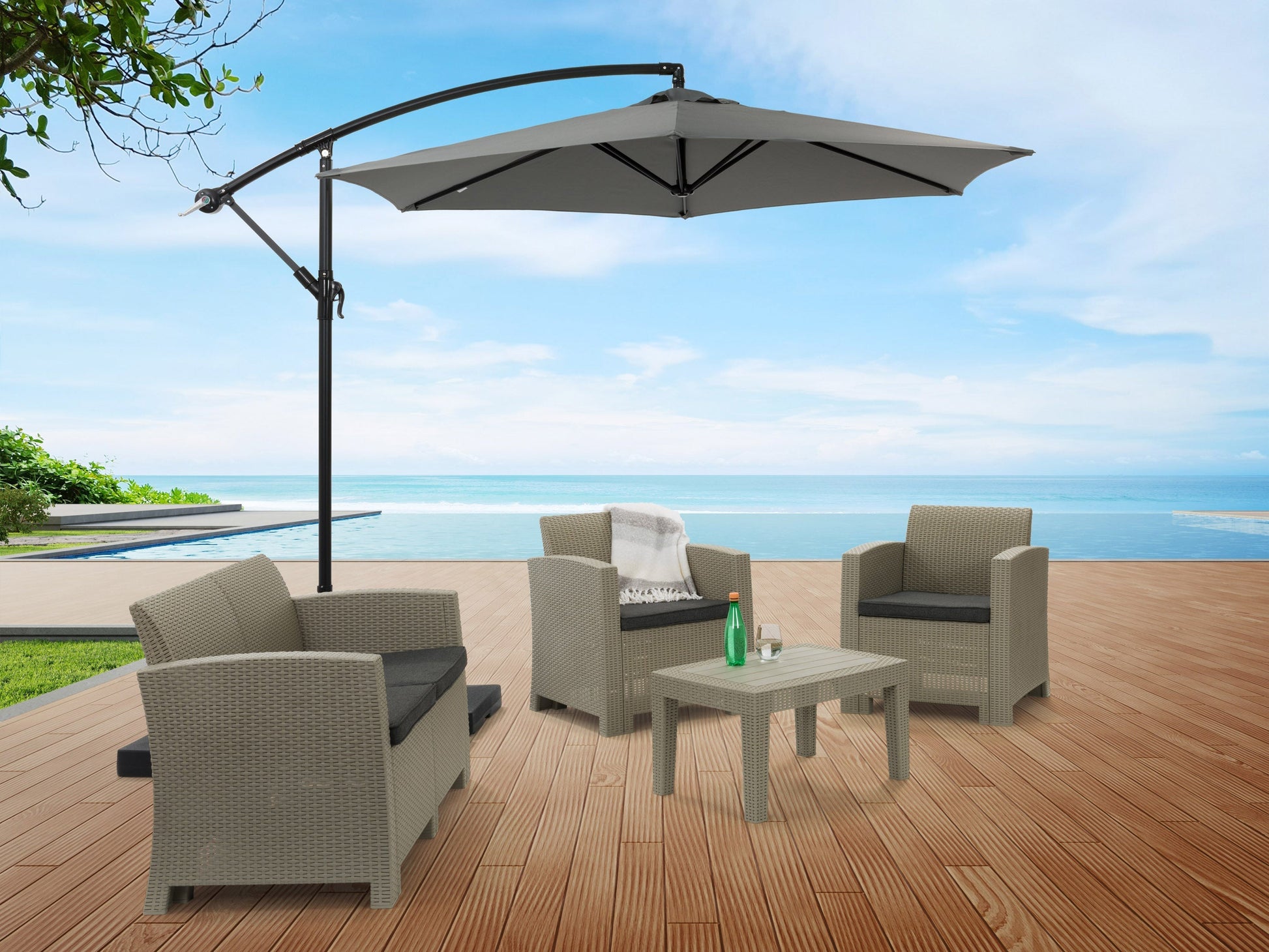 grey cantilever patio umbrella, tilting Persist Collection lifestyle scene CorLiving#color_grey