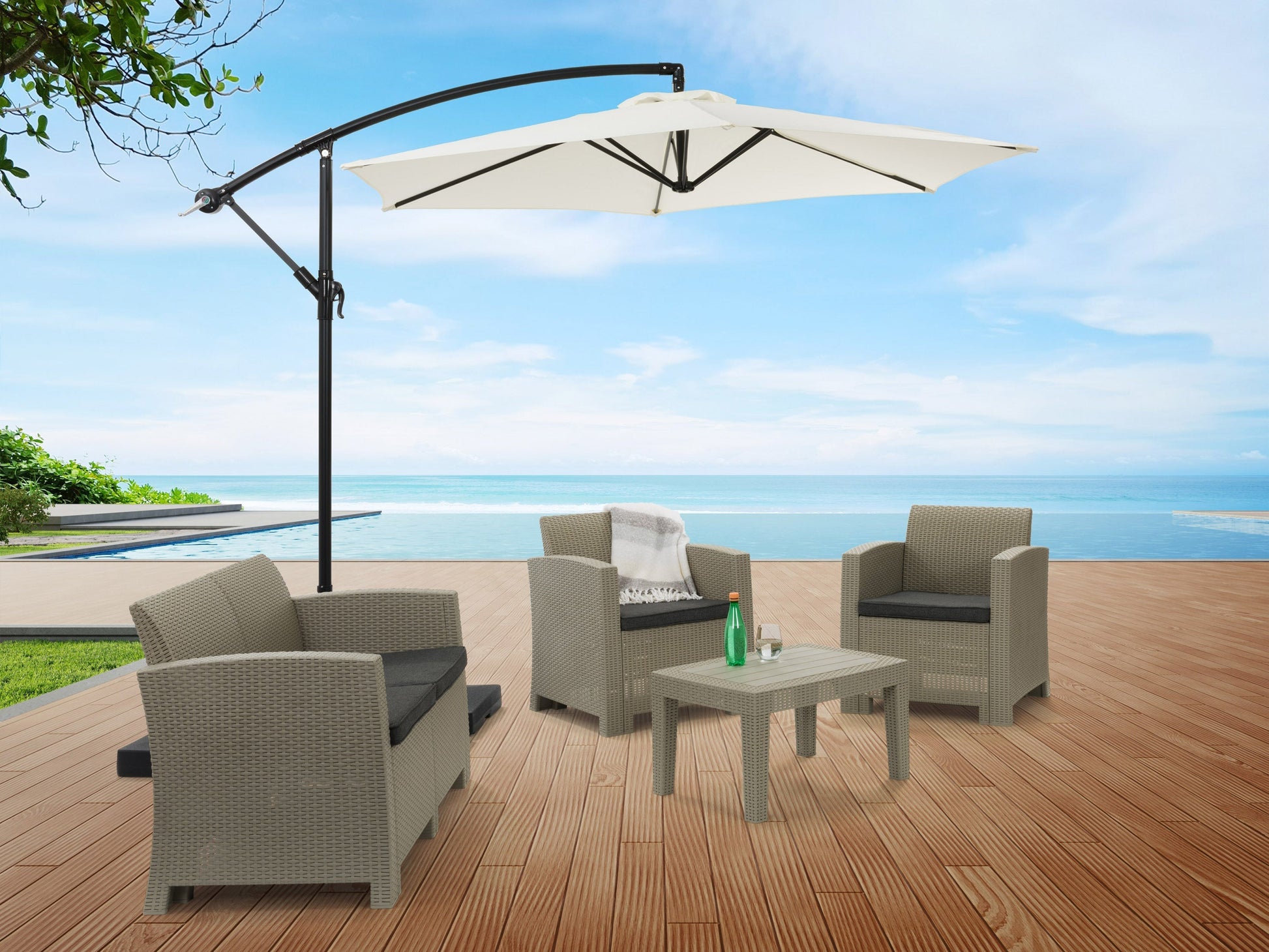 warm white cantilever patio umbrella, tilting Persist Collection lifestyle scene CorLiving#color_warm-white