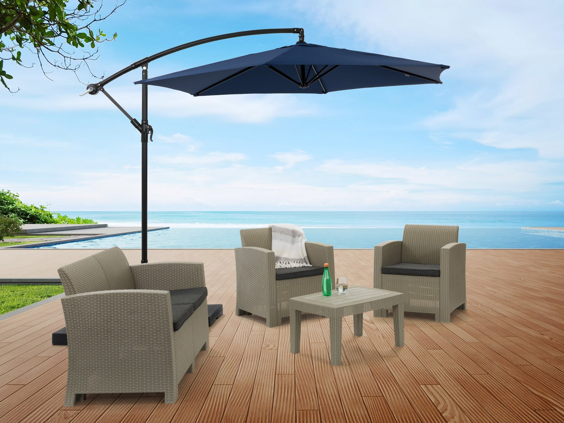 navy blue cantilever patio umbrella, tilting Persist Collection lifestyle scene CorLiving#color_navy-blue