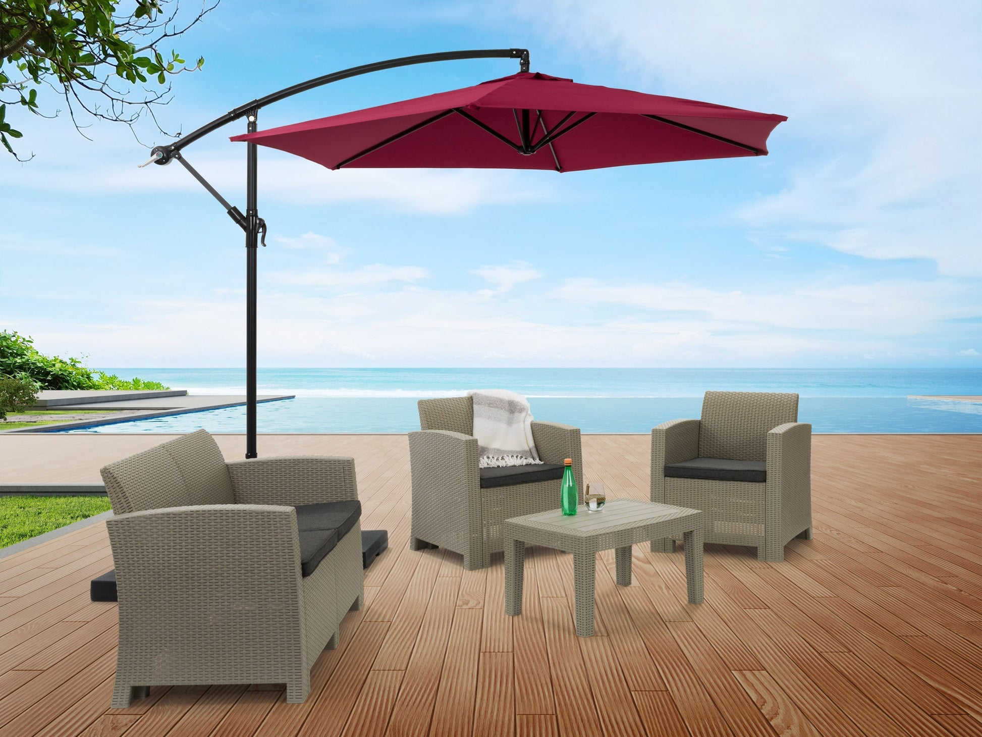 wine red cantilever patio umbrella, tilting Persist Collection lifestyle scene CorLiving#color_wine-red