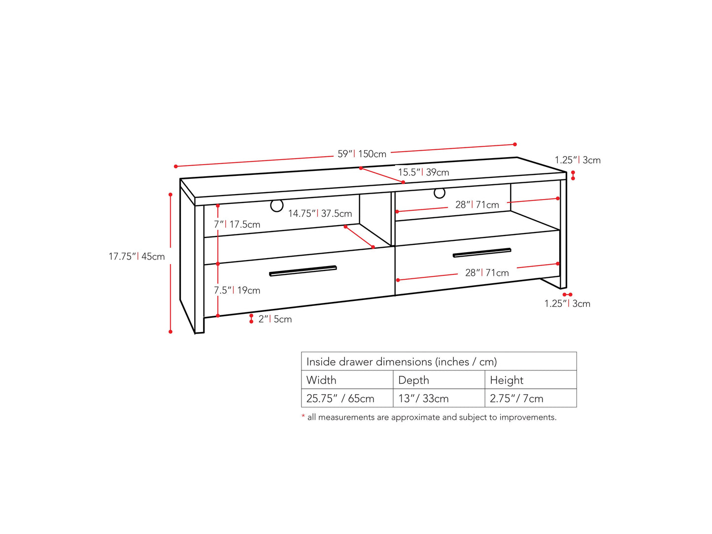 black TV Stand for TVs up to 75" Fernbrook Collection measurements diagram by CorLiving#color_black