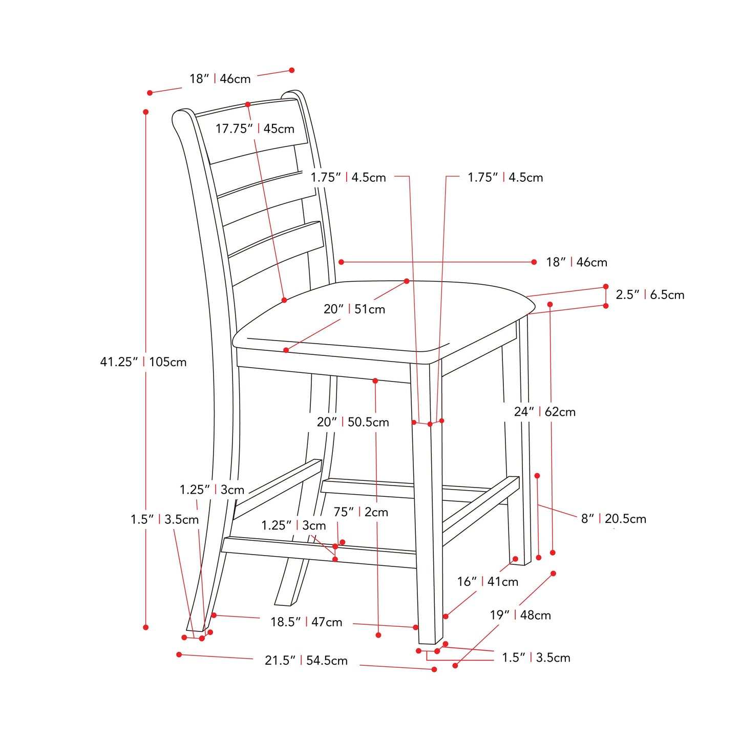 washed grey Counter Height Dining Chairs Set of 2 New York Collection measurements diagram by CorLiving#color_new-york-washed-grey-and-black