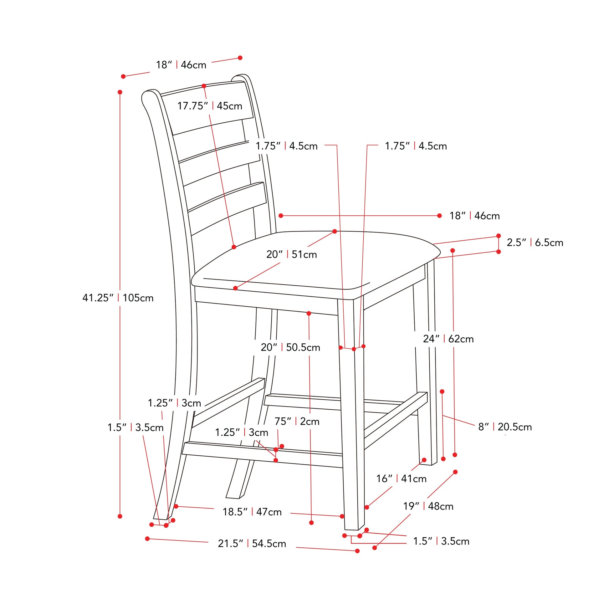 washed grey Counter Height Dining Chairs Set of 2 New York Collection measurements diagram by CorLiving#color_new-york-washed-grey-and-black