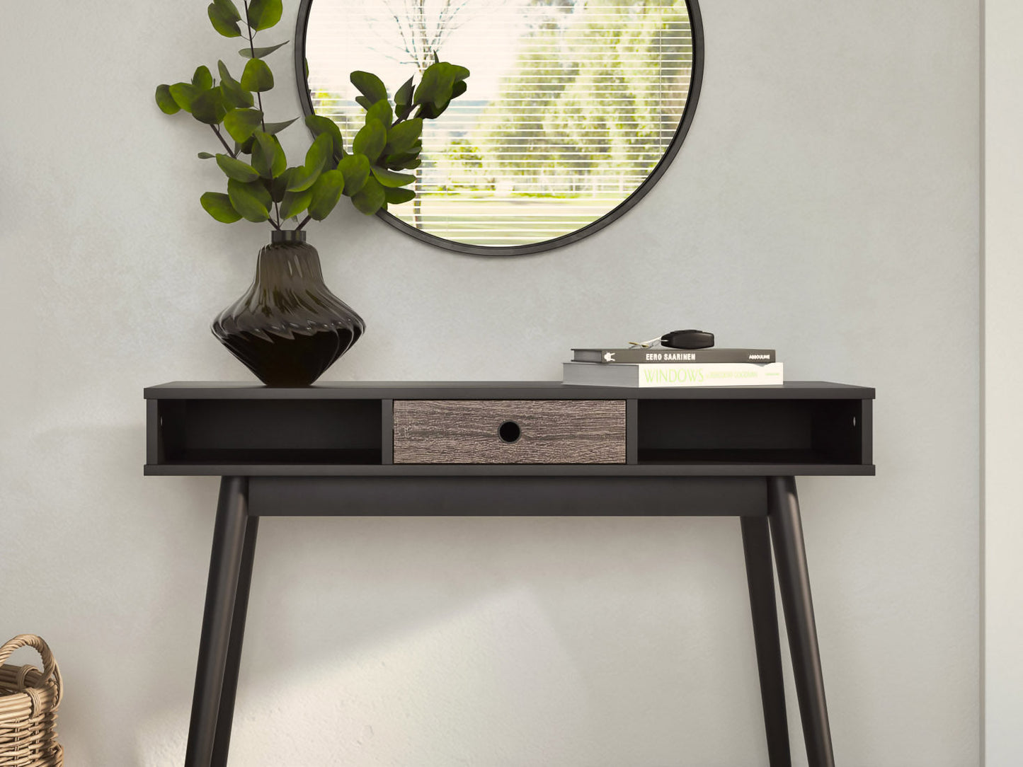 black Mid Century Desk Acerra Collection lifestyle scene by CorLiving#color_black