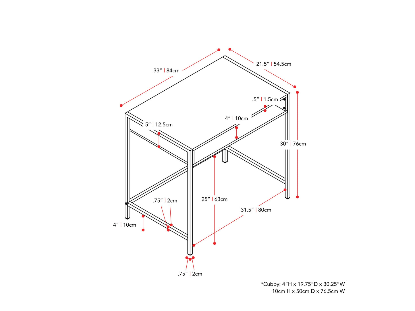 brown and black Desk with Storage Rayne Collection measurements diagram by CorLiving#color_brown-and-black