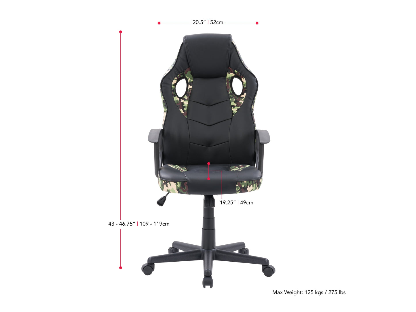 black and camo Gaming Chair with Wheels Mad Dog Collection measurements diagram by CorLiving#color_black-and-camo