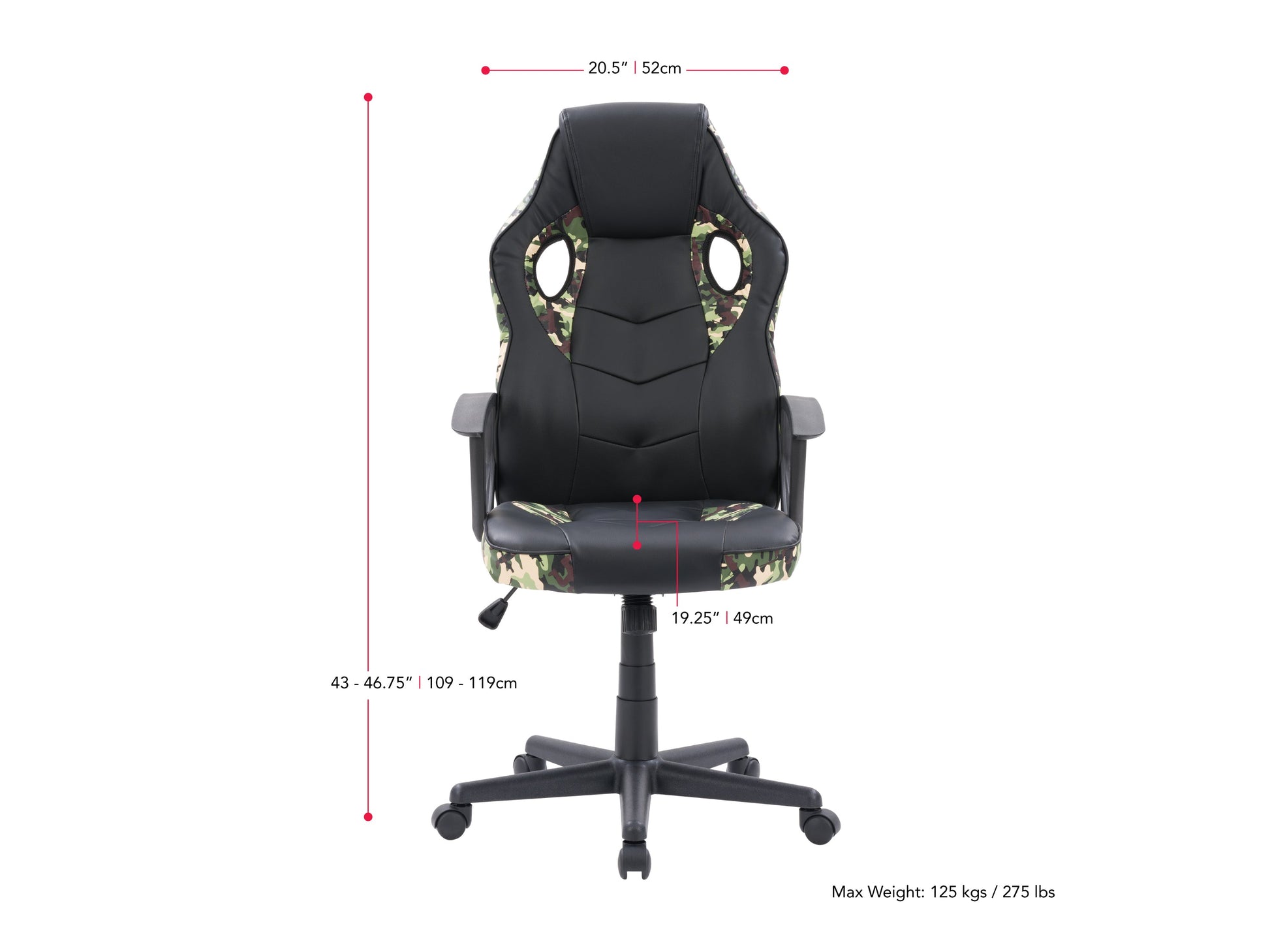 black and camo Gaming Chair with Wheels Mad Dog Collection measurements diagram by CorLiving#color_black-and-camo