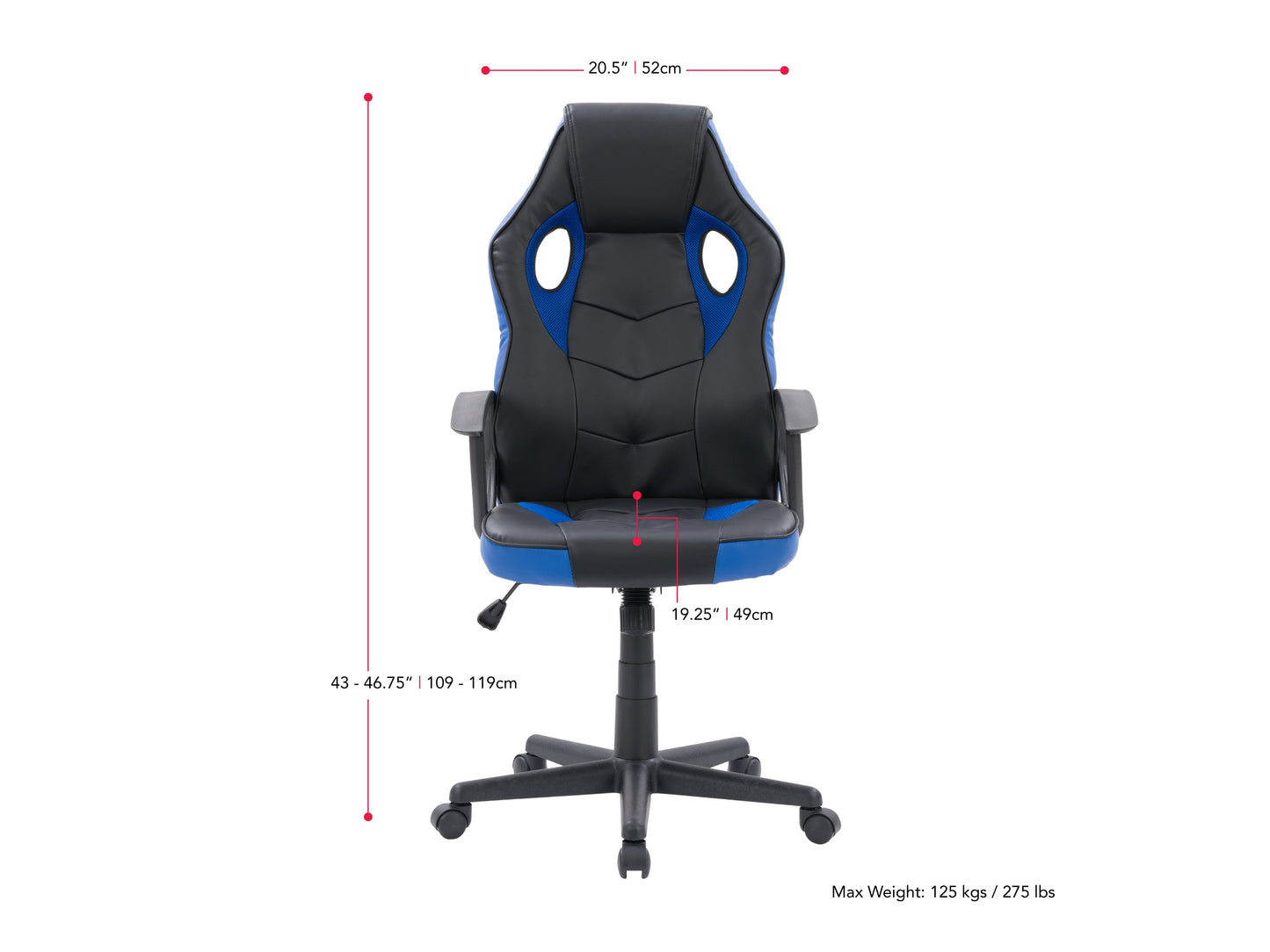 black and blue Gaming Chair with Wheels Mad Dog Collection measurements diagram by CorLiving#color_black-and-blue