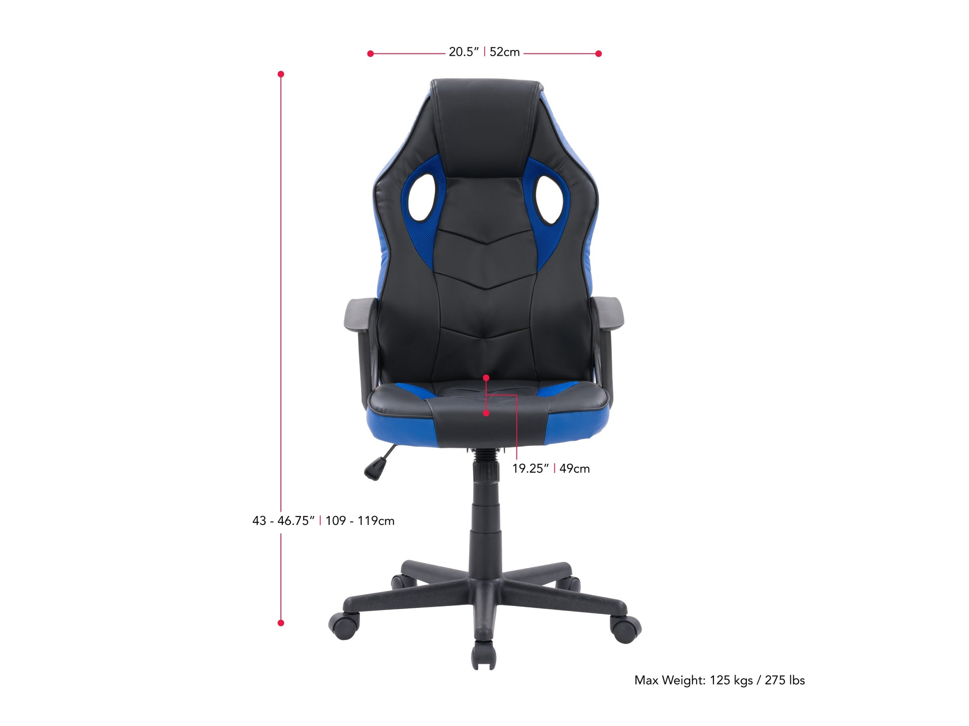 black and blue Gaming Chair with Wheels Mad Dog Collection measurements diagram by CorLiving#color_black-and-blue