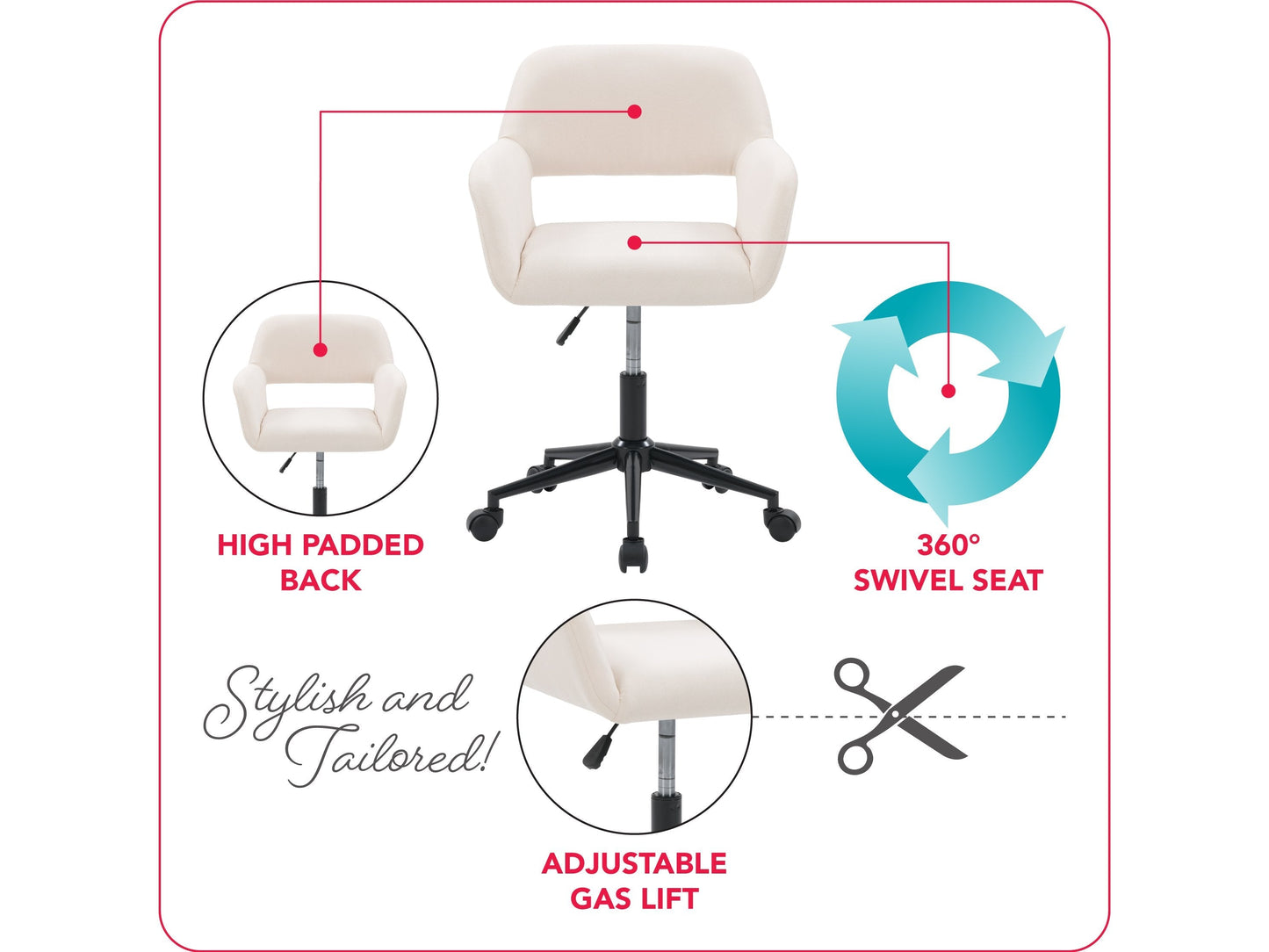 off white Task Chair with Open Back Valerie Collection infographic by CorLiving#color_off-white
